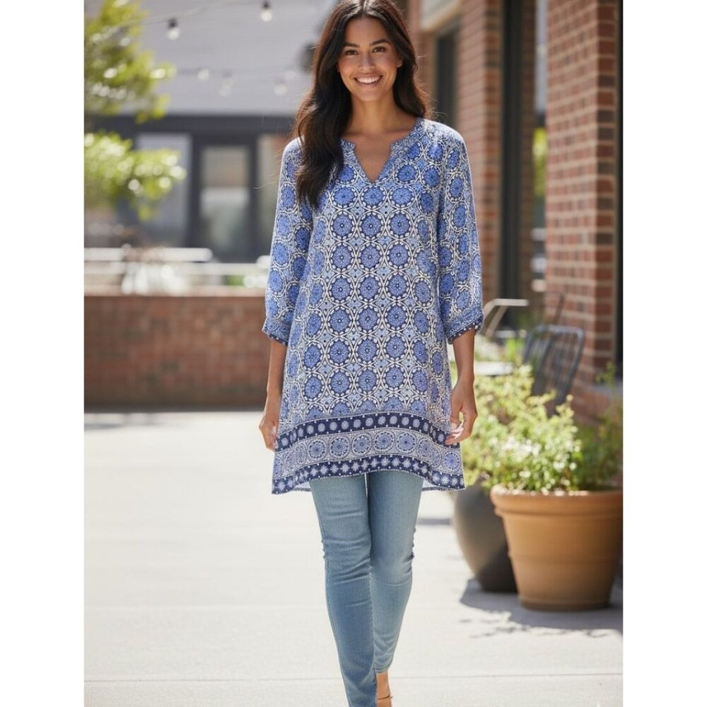 14th & Union Womens Blue Printed V-Neck 3/4 Sleeve Tunic Top M 100% Rayon Made I